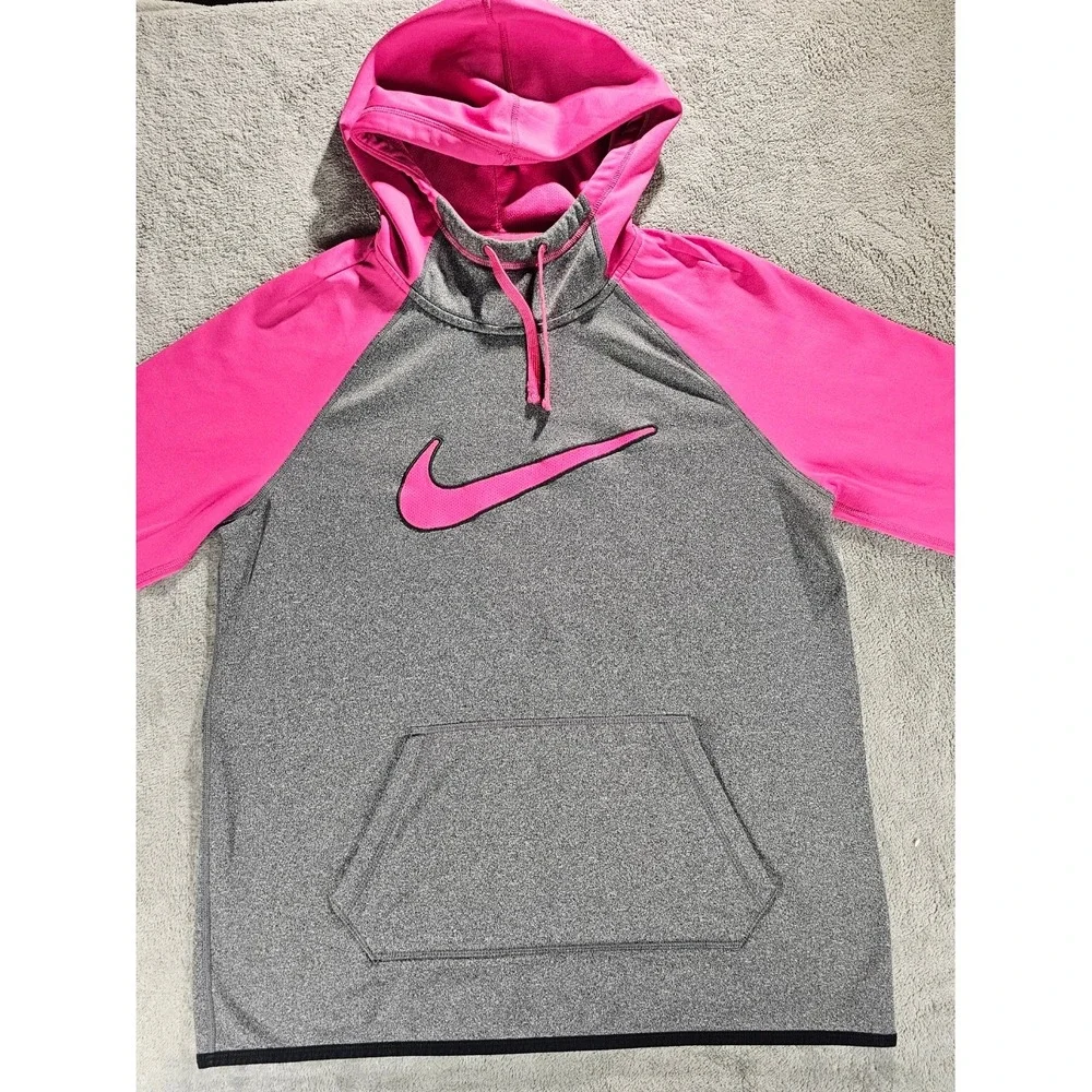 Nike Therma-FIT Hoodie Womens Grey Pink Colorblock Swoosh Funnel Neck Sweatshirt